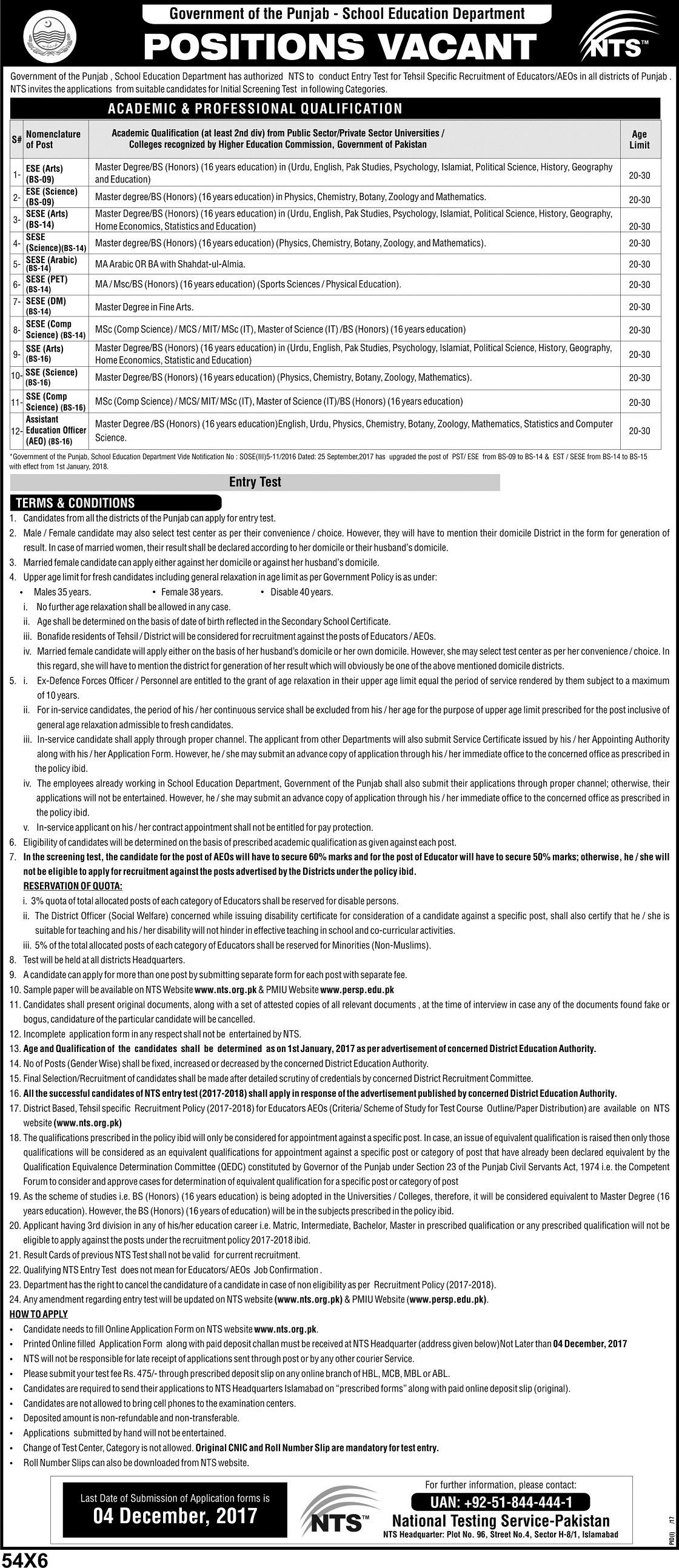 Punjab Educators Jobs 2017-2018 Teachers NTS Application Form Download