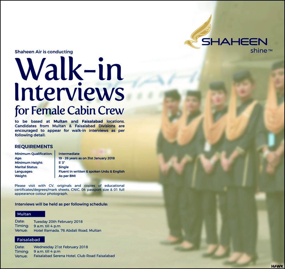 Shaheen Airline Jobs Female Cabin Crew 2019