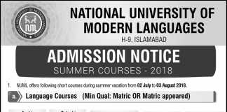NUML University Summer Courses 2019