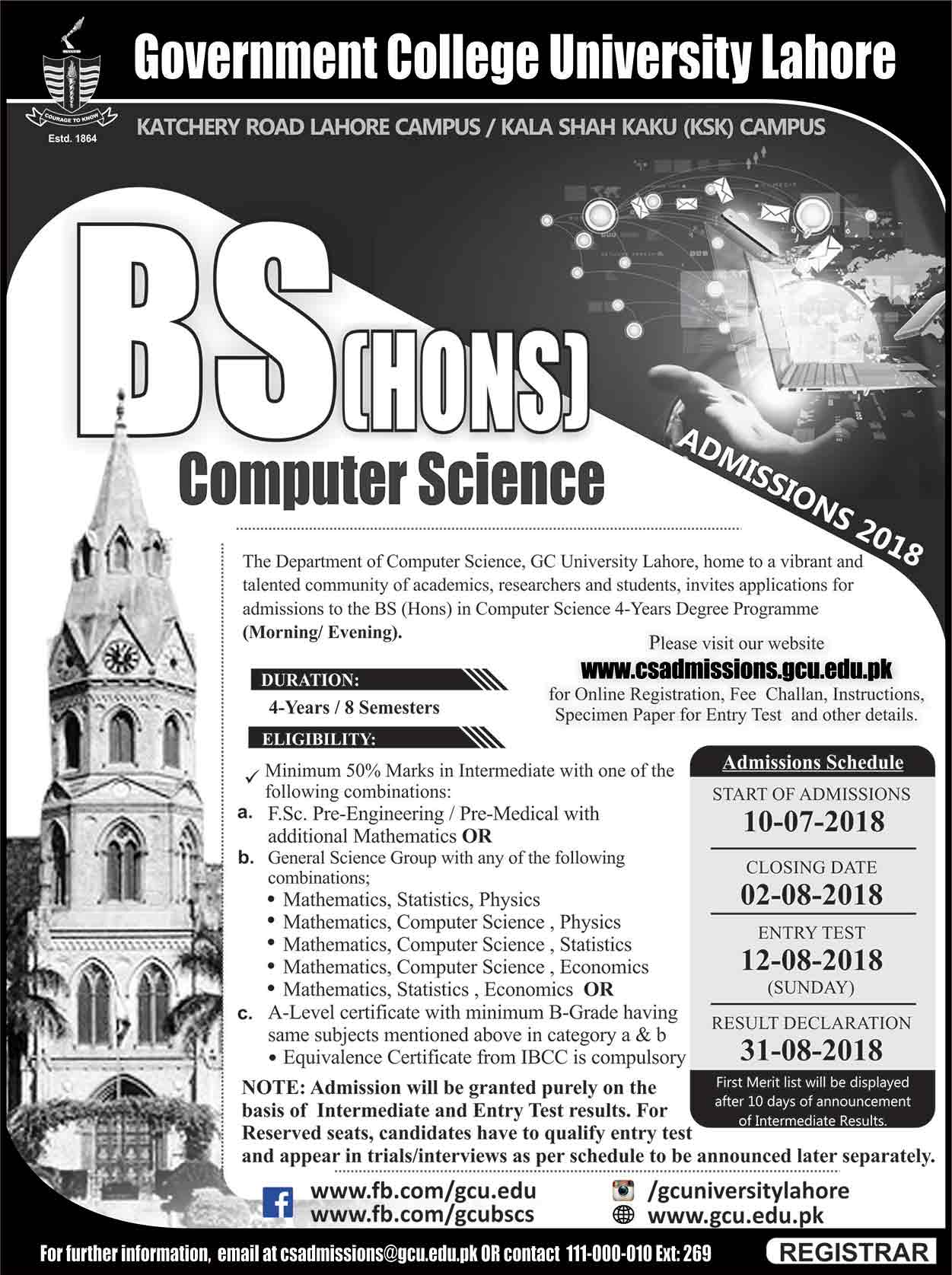 GC University Lahore BS, MS Computer Science Admission 