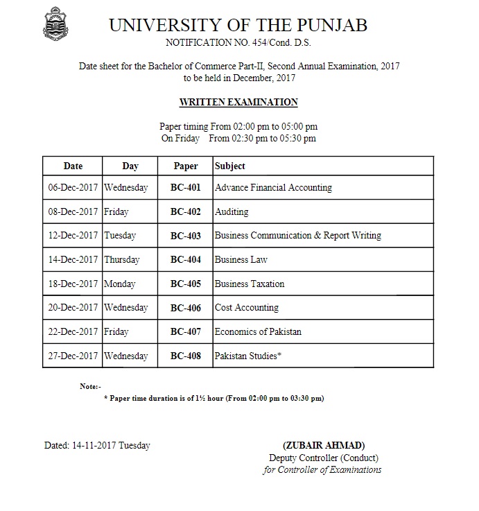 Punjab University Bcom Part 2, 1 Supplementary Exams Date Sheet 2017