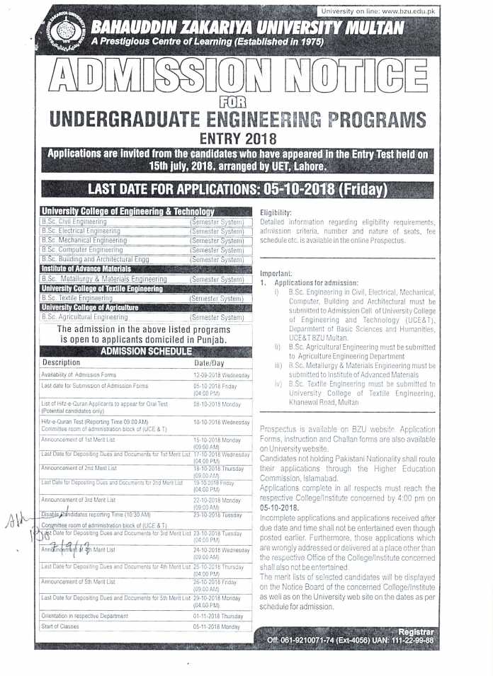 BZU Multan Undergraduate Admissions 2022 Form, Last Date
