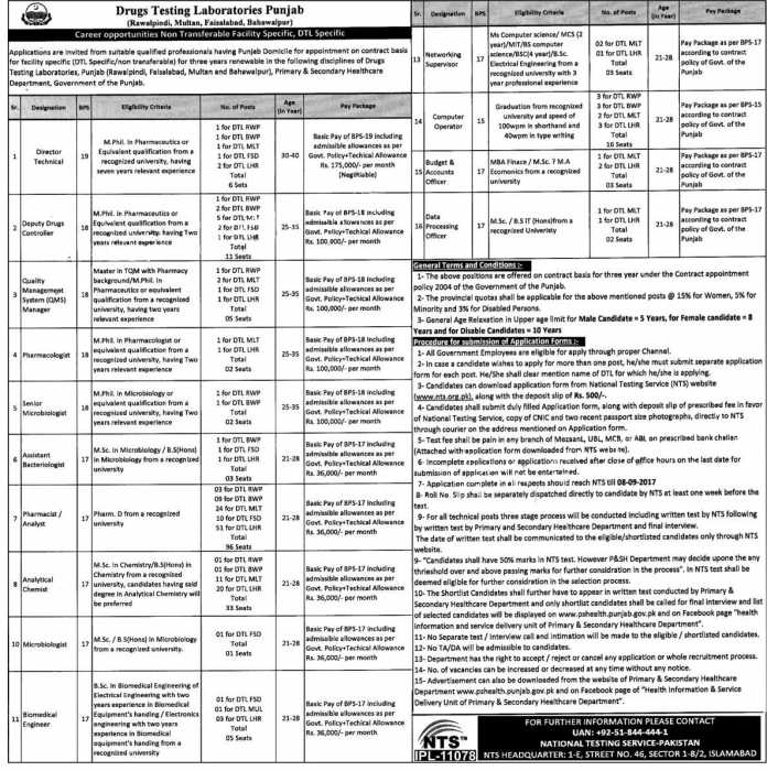 Drug Testing Laboratory Jobs 2017 NTS Application Form August Advertisement