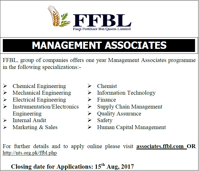 FFBL Management Associates Jobs 2017 Fauji Fertilizer Bin Qasim Limited NTS Form