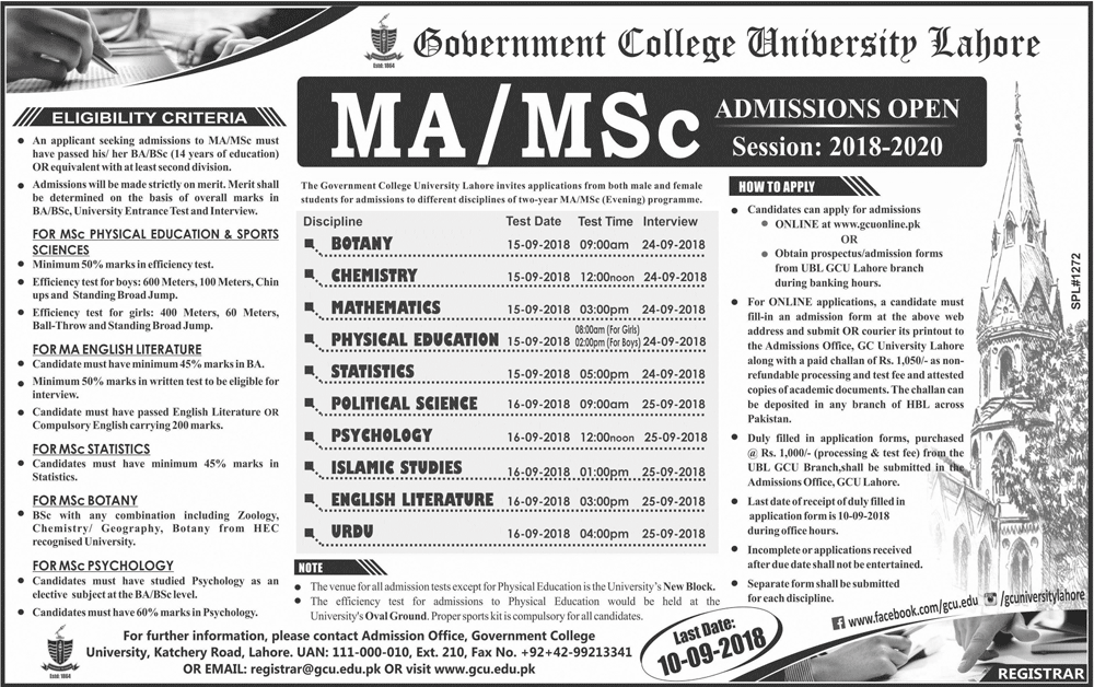 GC University Lahore MA/MSc Admission 2019