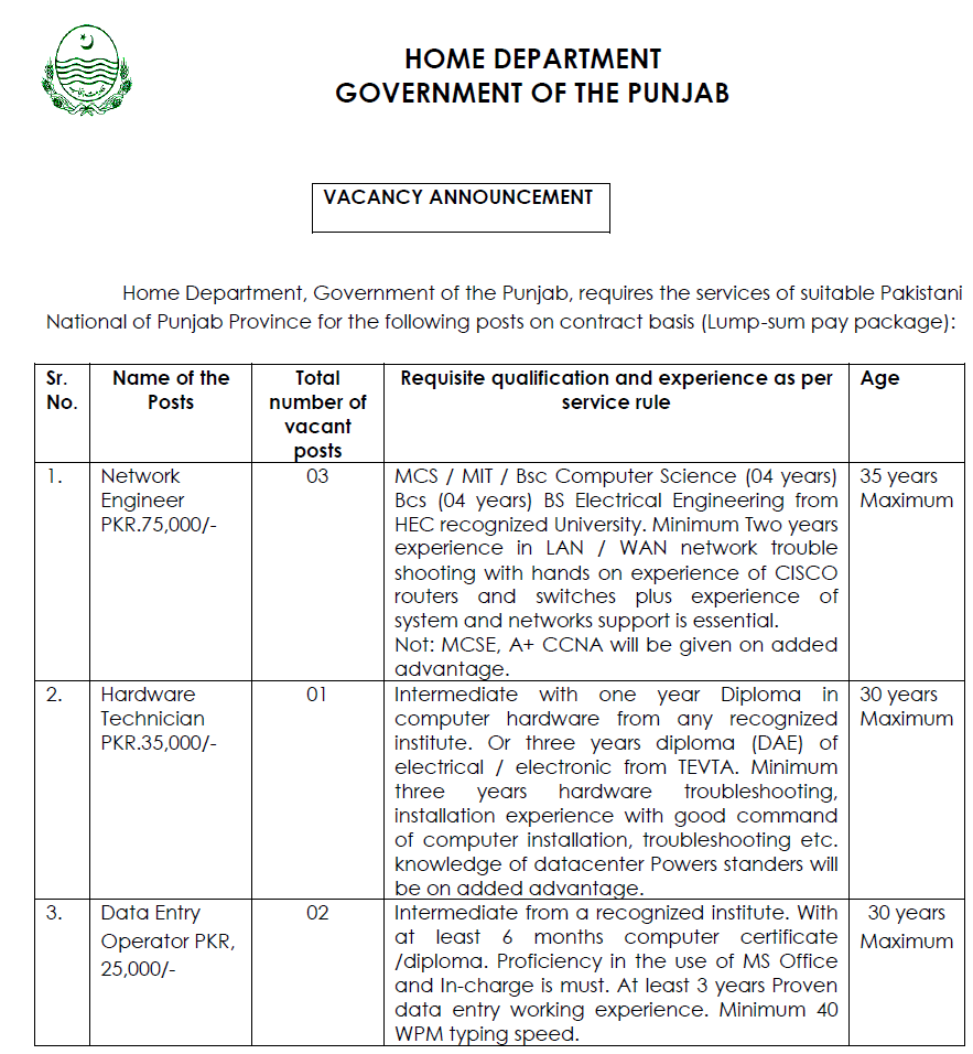 Home Department Punjab Jobs 2017 NTS Application Form Download