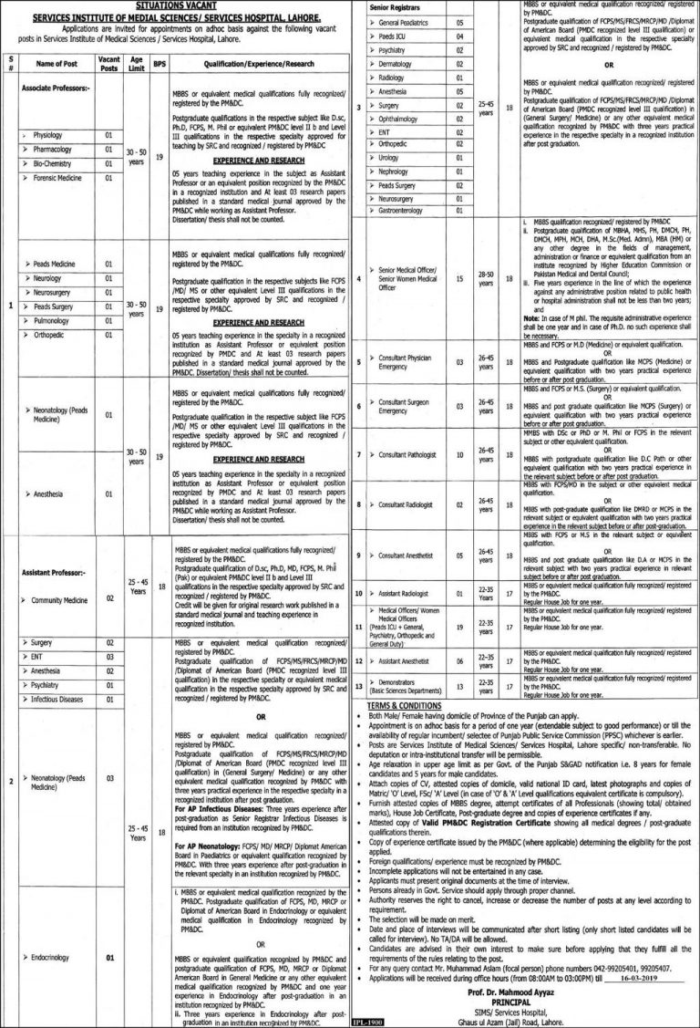 Services Hospital Lahore Jobs 2019 Application Form Advertisement