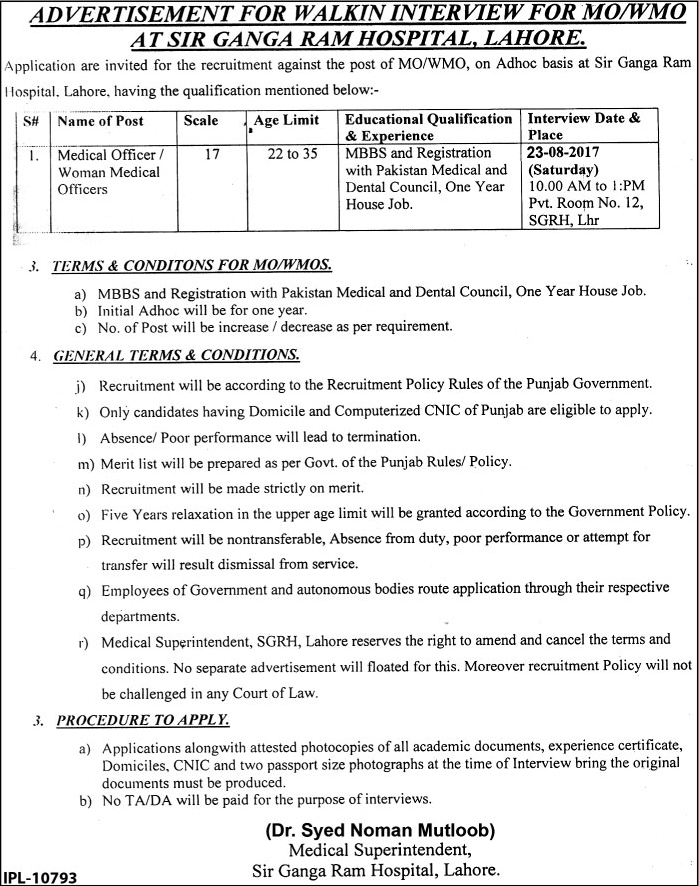 Sir Ganga Ram Hospital Lahore Jobs 2017 Form, Latest Advertisement