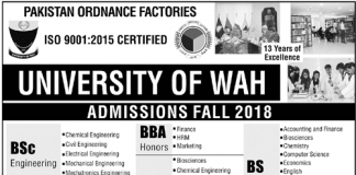 University of Wah BSc Engineering Admission 2018