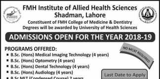FMH Institute of Allied Health Sciences Lahore Admissions 2018