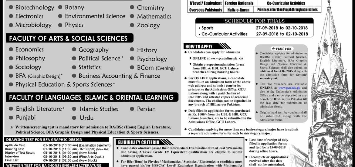 GC University Lahore BA, BSc, B.Com Admission 2018 Form, Last Date