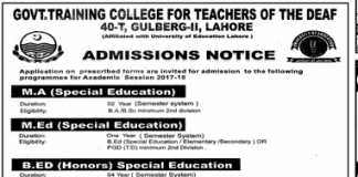 Govt Training College For Teachers Of Deaf Lahore Admission 2017