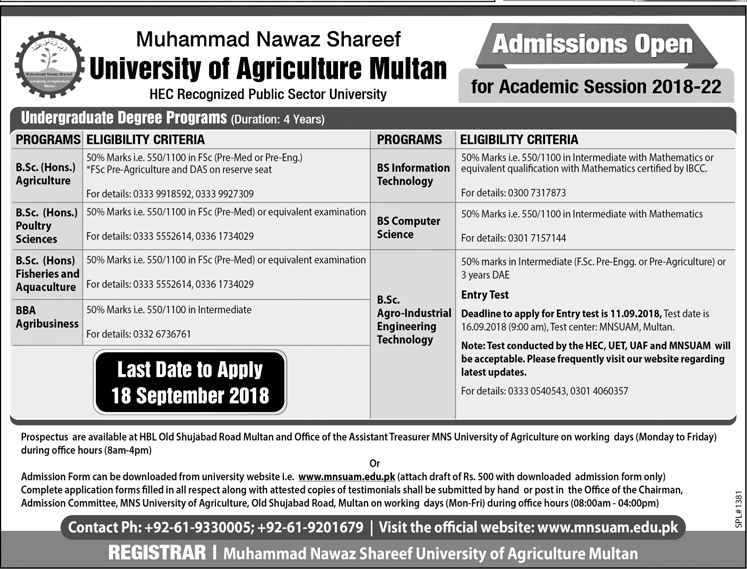 Muhammad Nawaz Sharif University of Agriculture Multan BSc Admission 2018