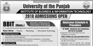 Punjab University PU BBIT Admission 2018 Merit List