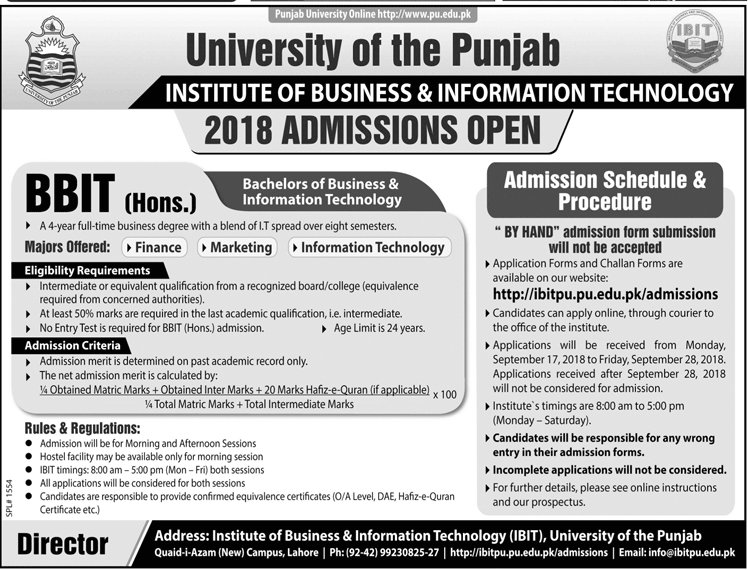 Punjab University PU BBIT Admission 2018 Merit List