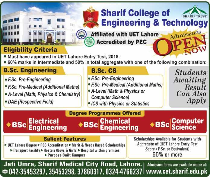 Sharif College of Engineering and Technology SCET Admission 2018 Merit List