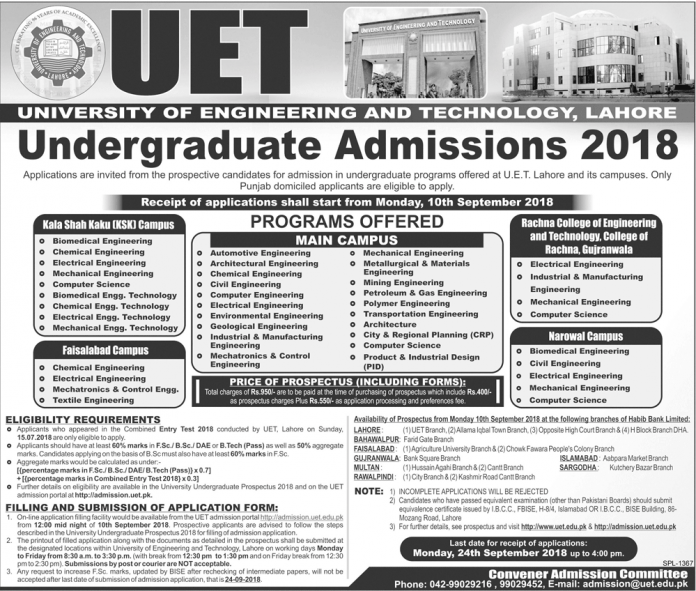 UET Kala Shah Kaku KSK Admission 2018