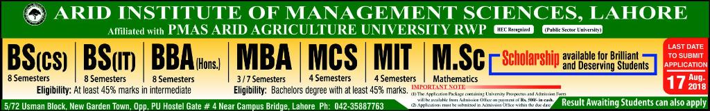 Arid Institute Of Management Sciences Lahore Campus Admissions 2018