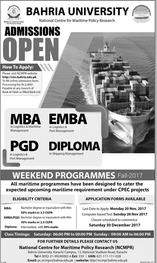 Bahria University Karachi Weekend Program Admission 2018