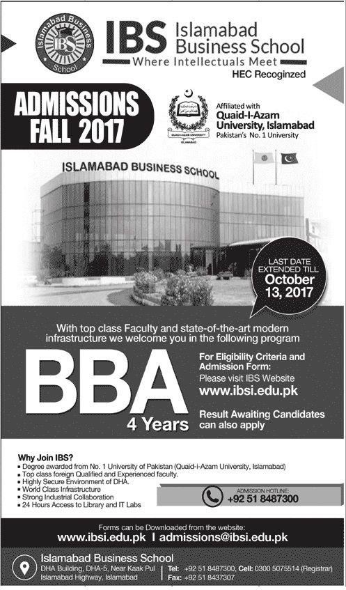 Islamabad Business School Admission 2018