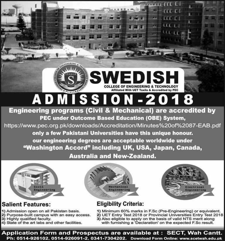 Swedish College Of Engineering And Technology Wah Cantt Admission 2018