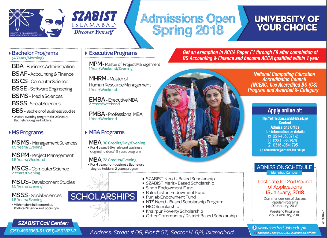 SZABIST Admissions 2018 Form Online, Entry Test Result