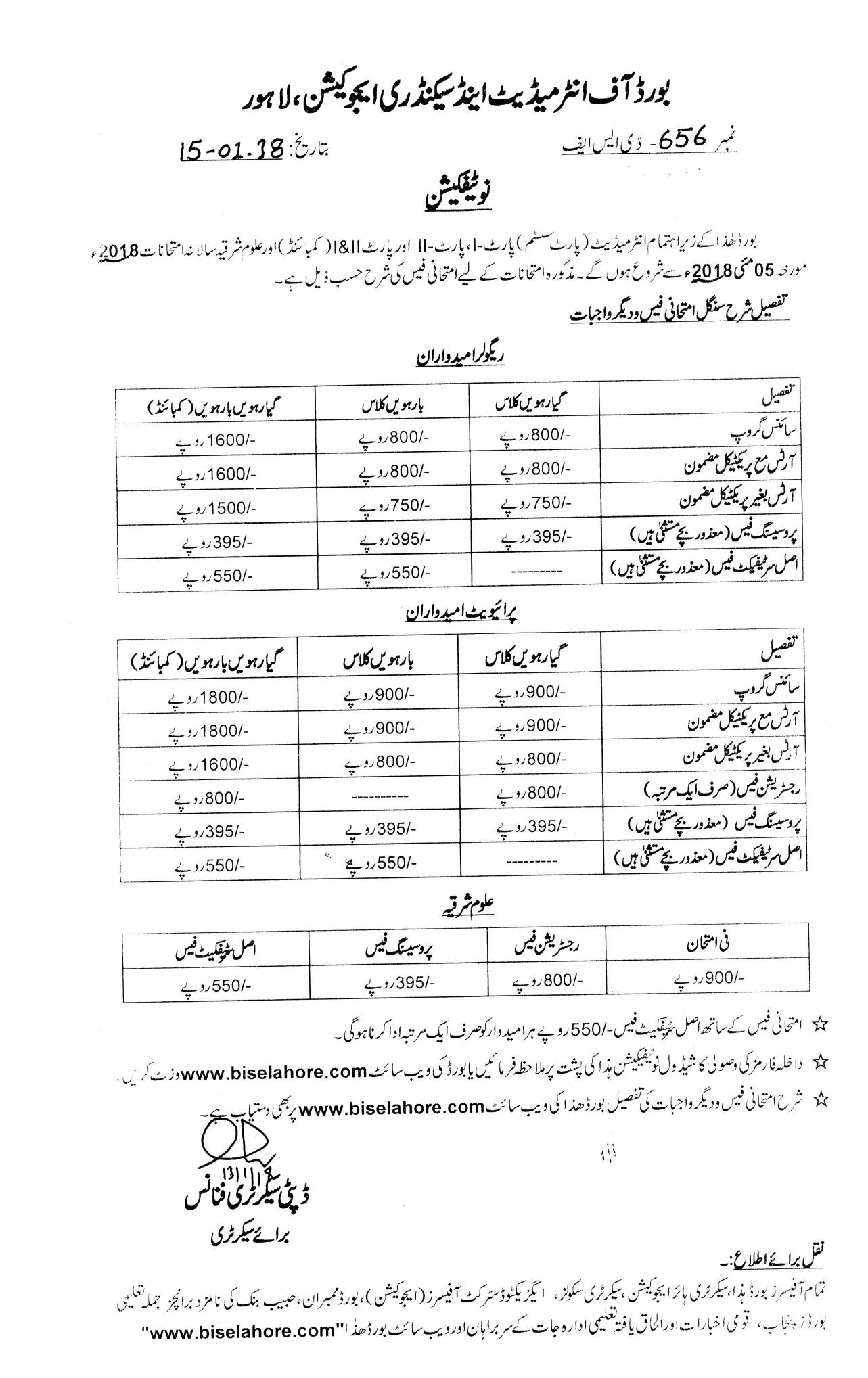 BISE Lahore Inter Part 1 and 2 Annual Exam Schedule 2018
