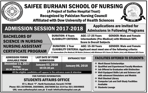 Saifee Burhani School Of Nursing Admission 2018 Form Last Date Entry Test