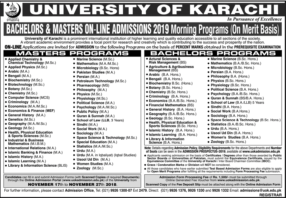University Of Karachi Uok Admission 2019 In Bachelor And Master