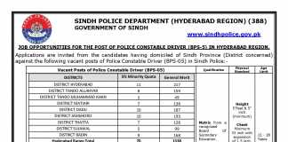 Sindh Police Hyderabad Range Jobs 2020 Driver Constable