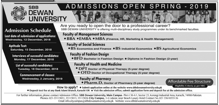 Dewan University Pharm D Admissions 2022