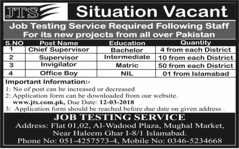 JTS Jobs 2018 Invigilators, Supervisors Application Form