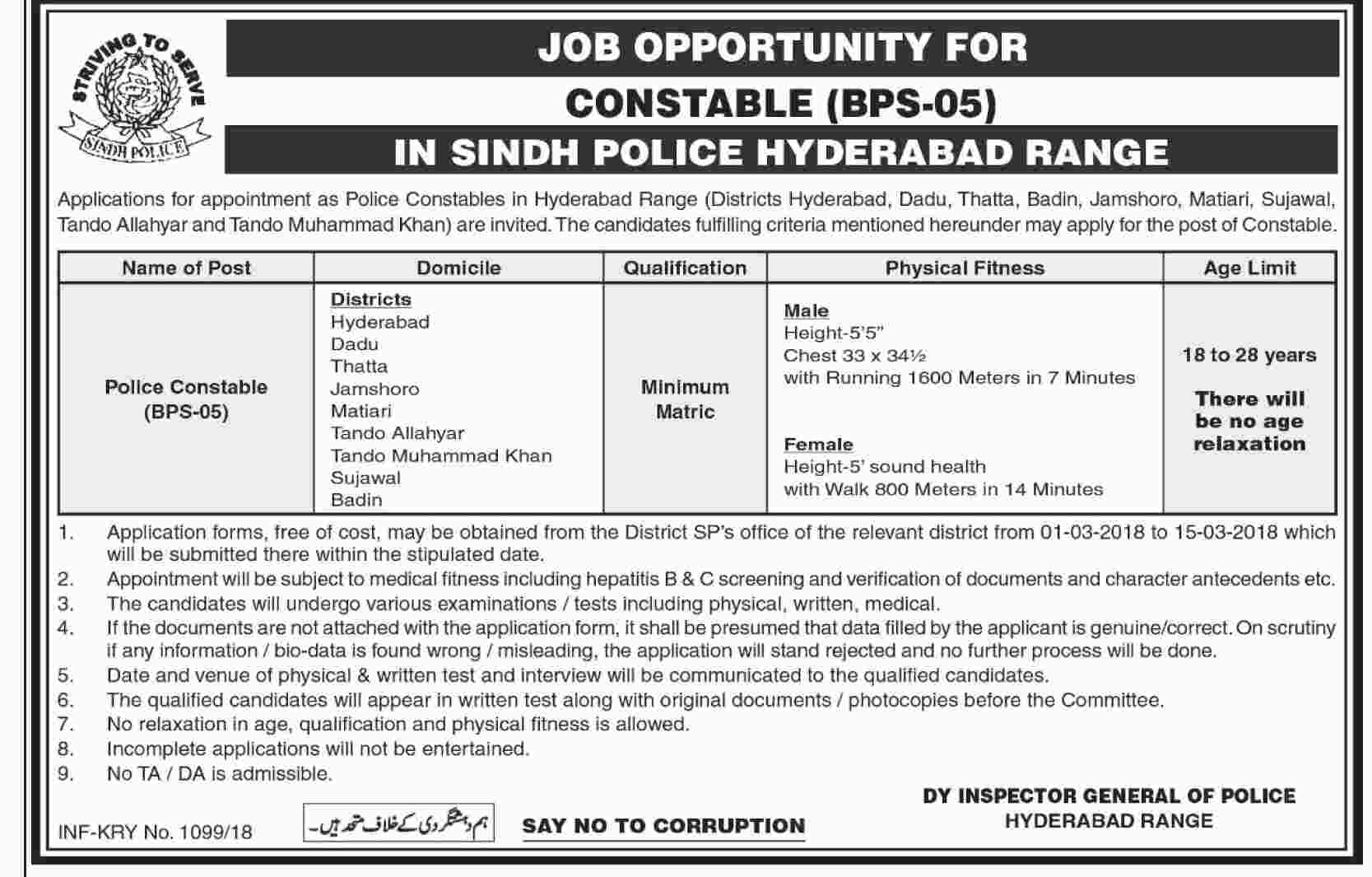 Sindh Police Hyderabad Range Jobs 2018 Constable Application Form Test Date