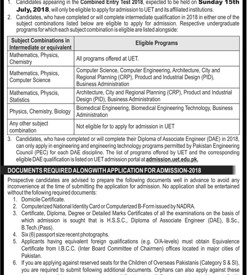 UET Lahore Entry Test 2018 Date Sheet and Schedule