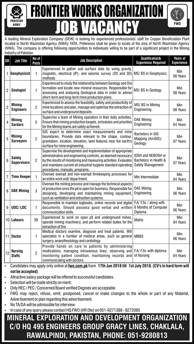 Frontier Works Organization FWO Jobs 2018 Apply Online Advertisement