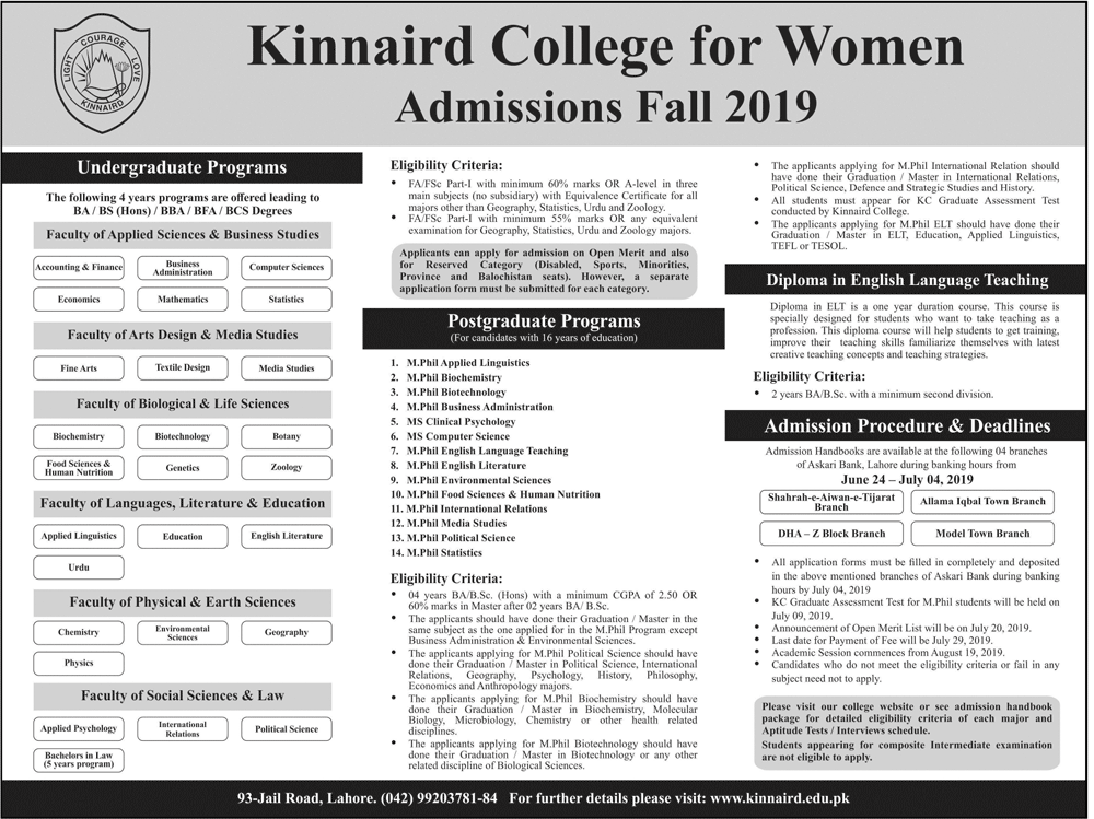 Kinnaird College Postgraduate Admissions 2019 M Phil Form