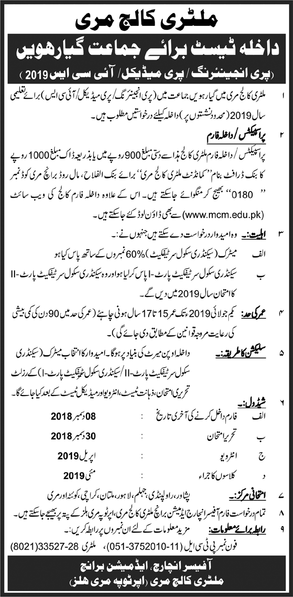 draft mes bank 2019 Admission Form Year Murree Military College 2019 Download 1st