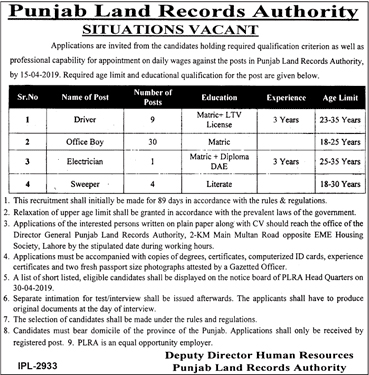 Punjab Land Record Authority Jobs 2025 Application Form