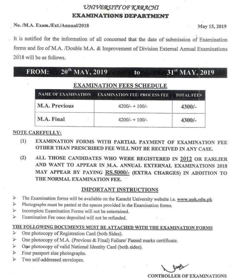 Uok Ma Msc Admission 2019 Form Examination Fee Schedule