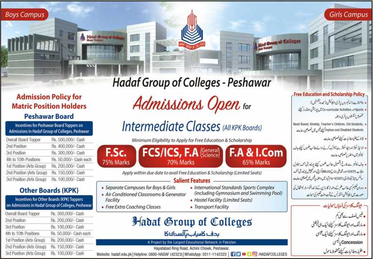 Hadaf Group of Colleges Peshawar Admission 2022