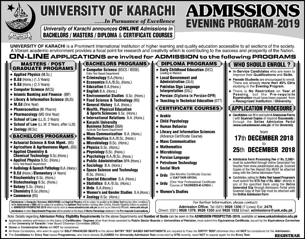 Karachi University Evening Admission 2019 Form