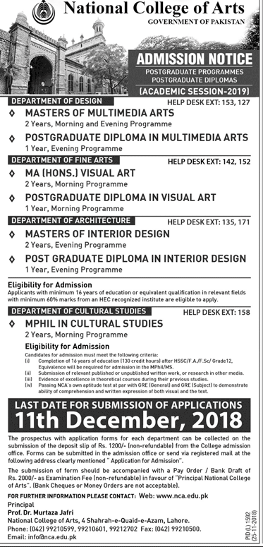 National College Of Arts Admission 2019