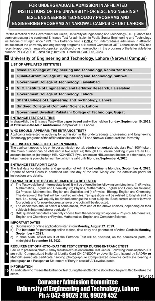 Sharif College of Engineering and Technology SCET Admission 2025 Advertisement