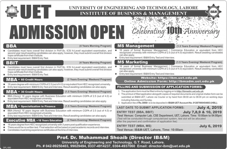 IB&M UET Lahore Admission Fall 2019 Form Online