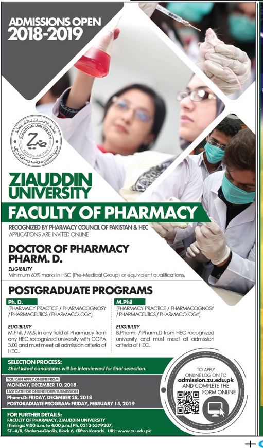 Ziauddin University Pharm D Admissions 2019 Form, Last Date