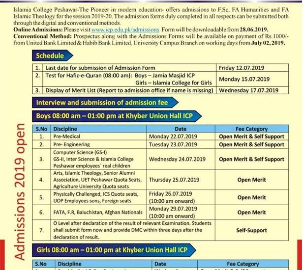 Islamia College Peshawar Admission 2019 Form, Merit list