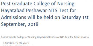 Post Graduate College of Nursing Peshawar Admission Test Result 2018
