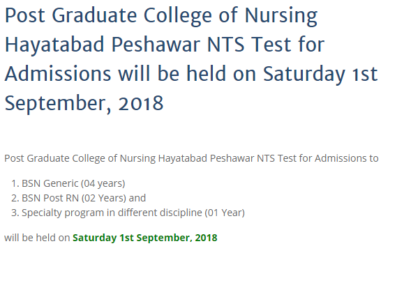Post Graduate College of Nursing Peshawar Entry Test Result 2025