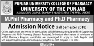 Punjab University College of Pharmacy M.Phil, PhD Admission 2018 Form Last Date