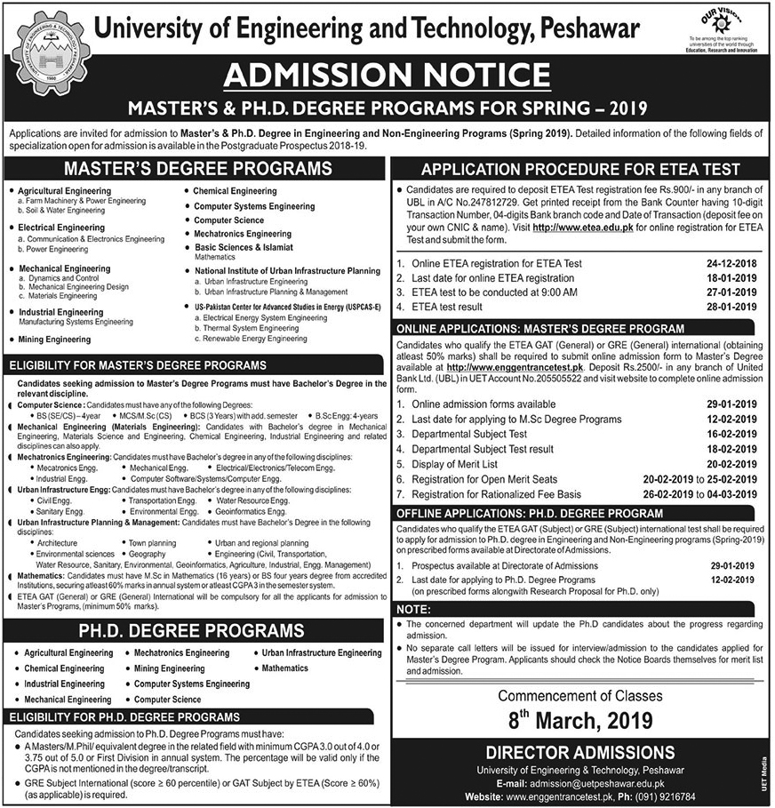 UET Peshawar PhD Admission Spring 2024 ETEA Application Form, Last Date